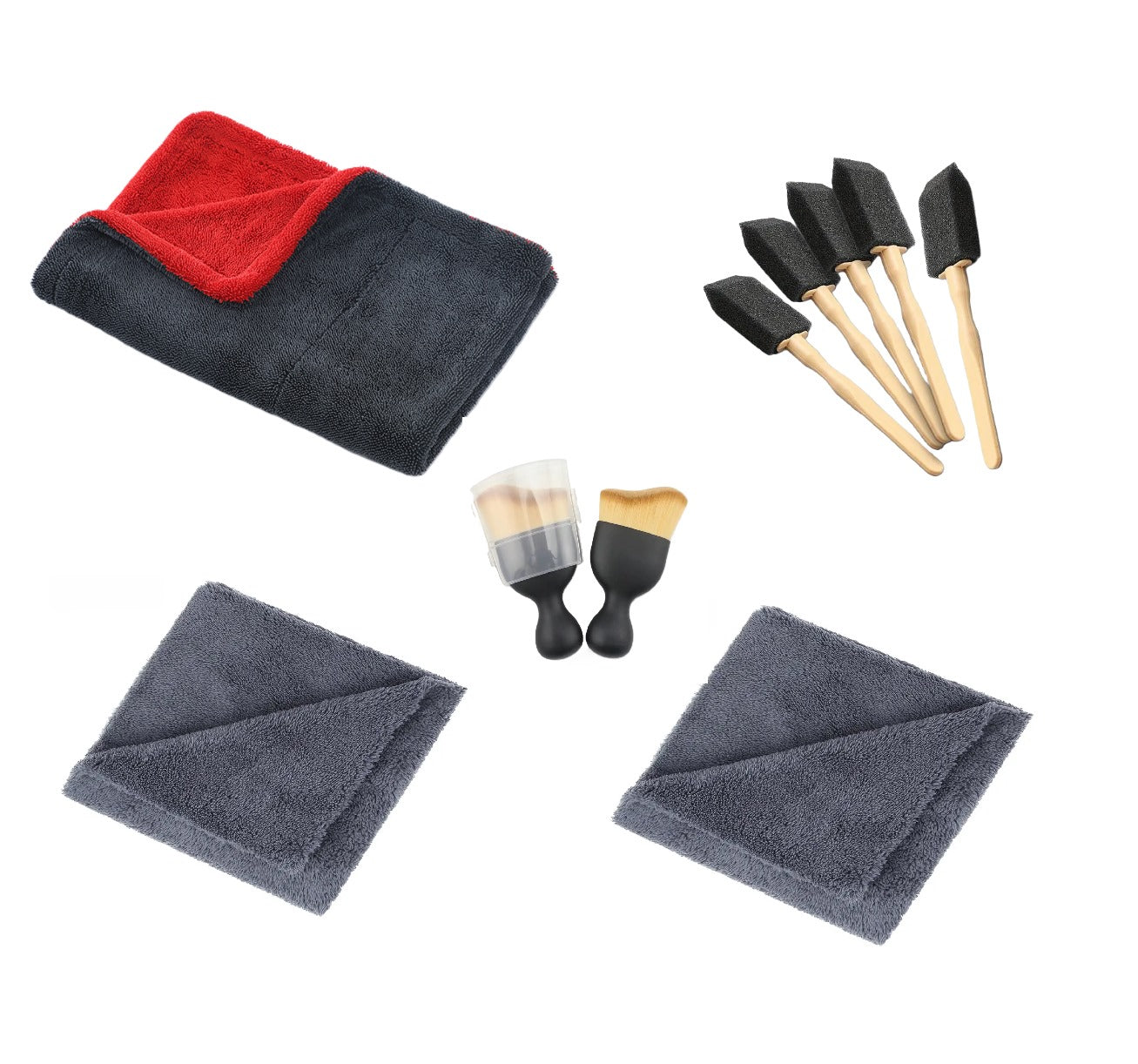 Prosop Microfibra Premium Rosu/Gri, Grosime 1200 GSM, Dimensiune 90X60 cm, + Doua Lavete Din Microfibra Fara Margini Cusute, Grosime 380 GSM, Dimensiune 40x40 cm + 5 Pensule din Burete + O pensula din Nanofibre