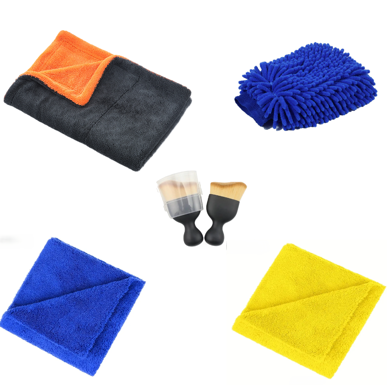 Prosop Uscare Auto Din Microfibra Premium Twisted Loop,Portocaliu/Gri, 90x60 cm, 1200 GSM + Manusa Spalare Auto Din Chenille + Doua Lavete Din Microfibra Fara Margini Cusute Galben Si Albastru, 40x40 cm, 380 GSM + Pensula Nanofibre