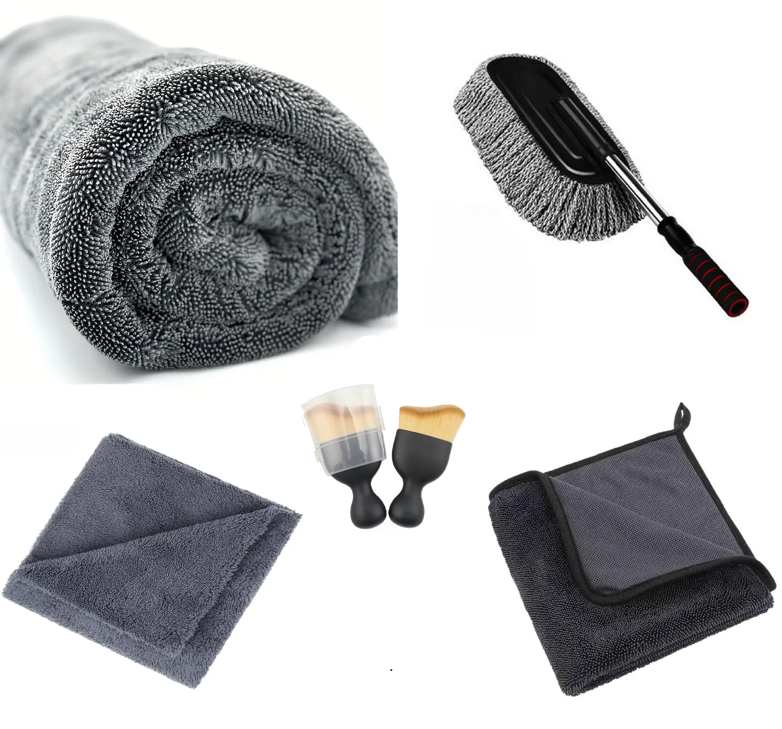 Prosop Uscare Auto Din Microfibra Premium Twisted Loop Gri, 90X60 cm, 1200 GSM + Prosp Microfibra Twisted Loop, 60x40 cm, 700 GSM, + Perie Microfibra Cu Maner Telscopic + Laveta Microfibra Fara Margini Cusute, 40x40 cm, 380 GSM + Pensula Nanofibre