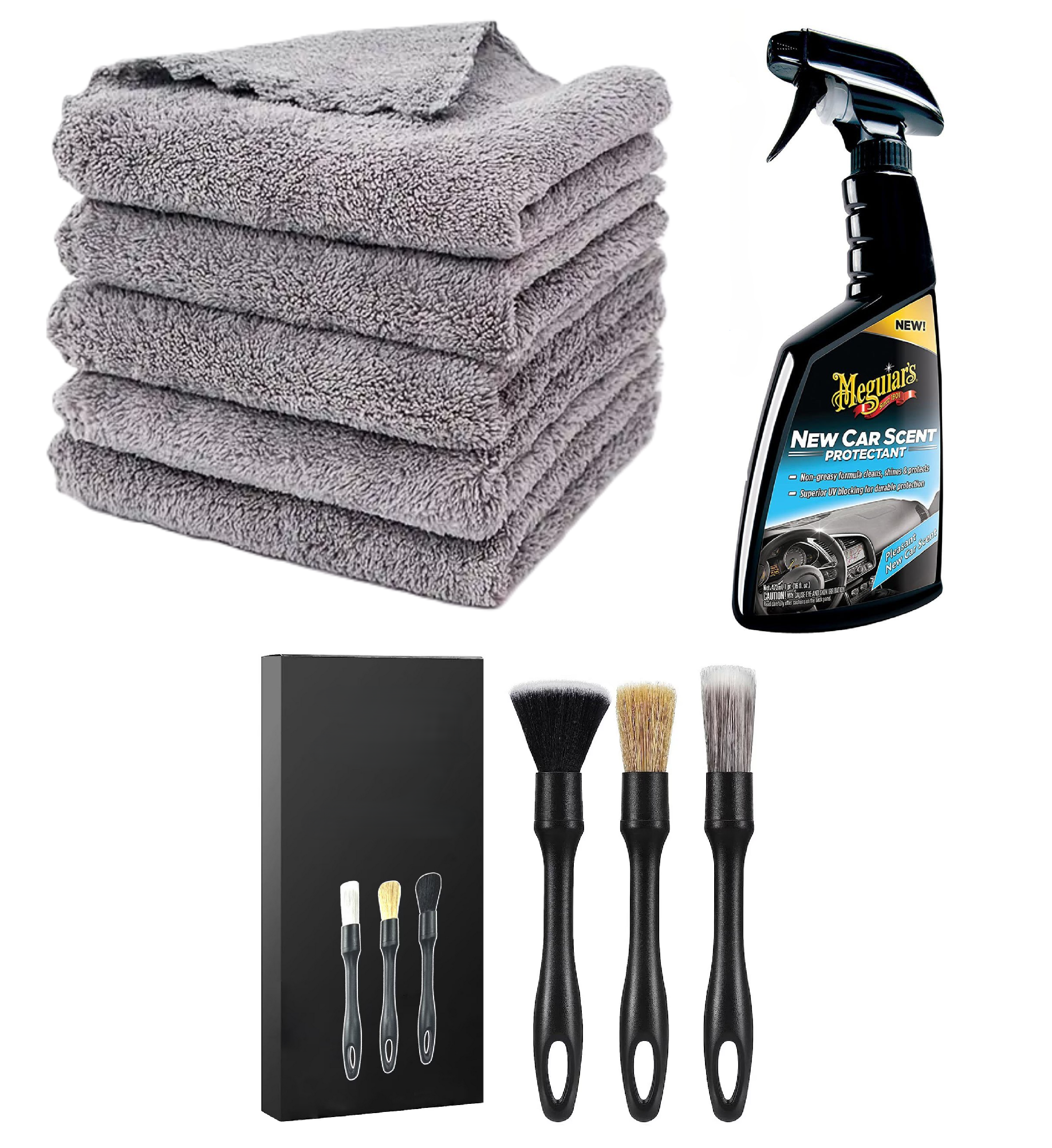 Set 5 Lavete Gri Din Microfibra Premium 380 GSM 40X40 cm+ Set 3 Pensule Profesionale Pentru  Detailng + Solutie Detailing Rapid Meguiar's Quik Interior Detailer, 473ml