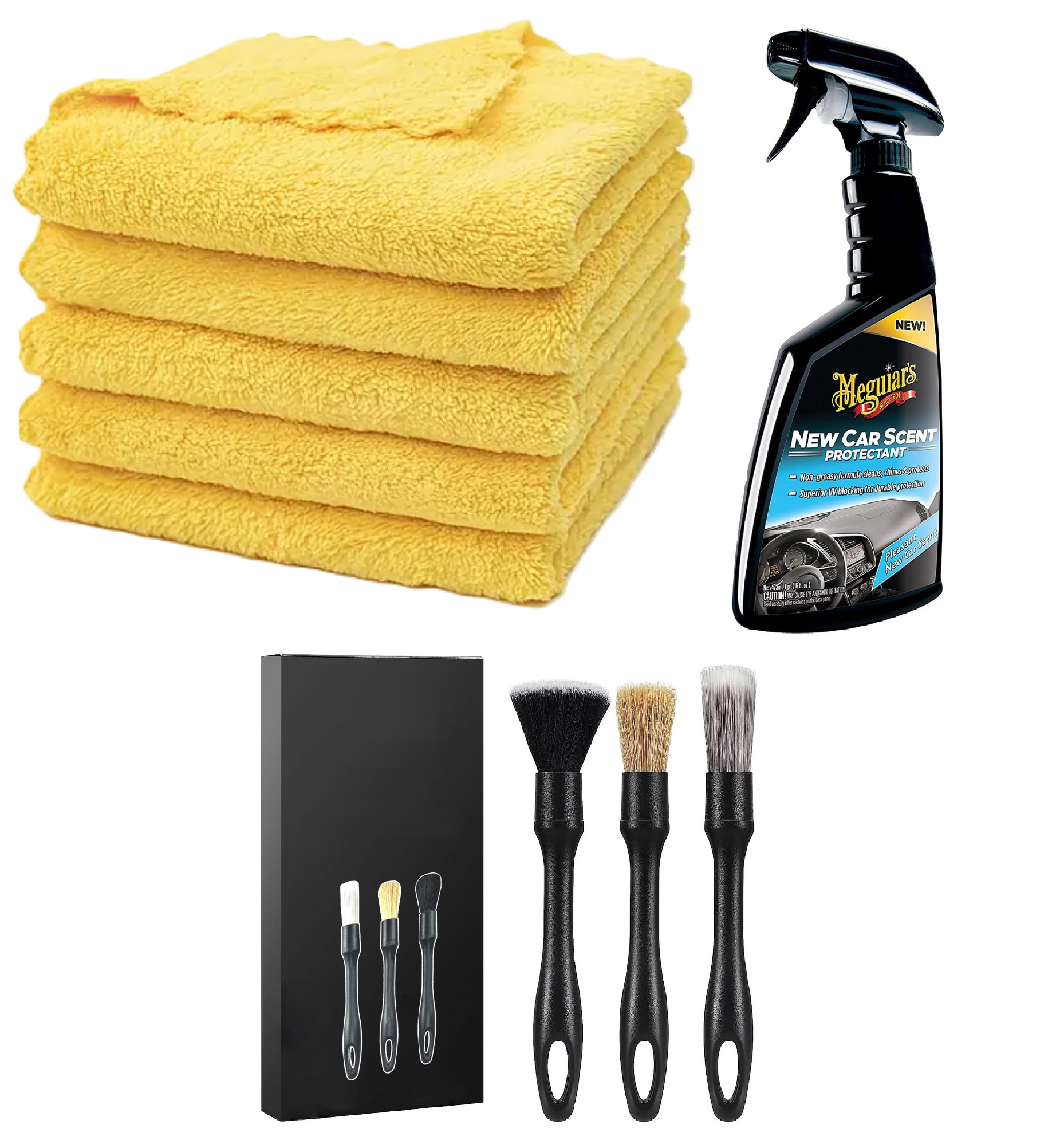 Set 5 Lavete Galbene Din Microfibra Premium 380 GSM 40X40 cm+ Set 3 Pensule Profesionale Pentru  Detailng + Solutie Detailing Rapid Meguiar's Quik Interior Detailer, 473ml