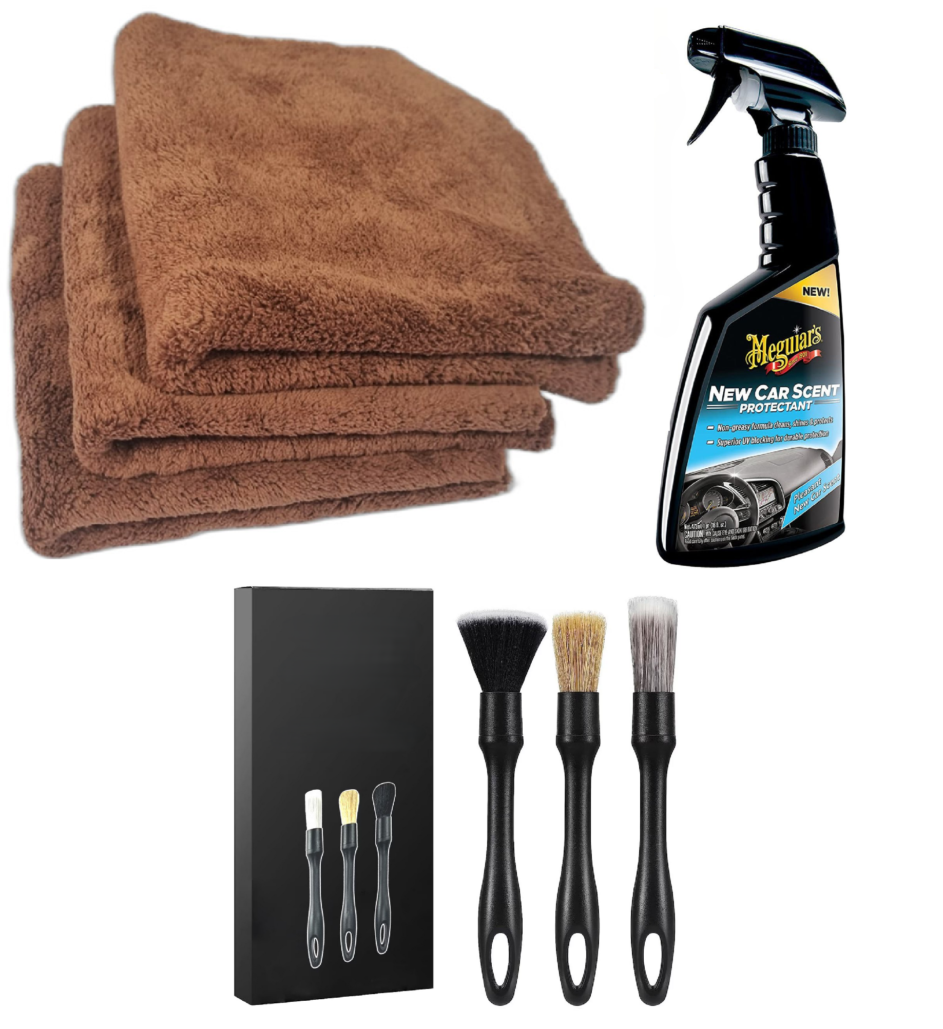 Set 5 Lavete Maro Din Microfibra Premium 380 GSM 40X40 cm+ Set 3 Pensule Profesionale Pentru  Detailng + Solutie Detailing Rapid Meguiar's Quik Interior Detailer, 473ml