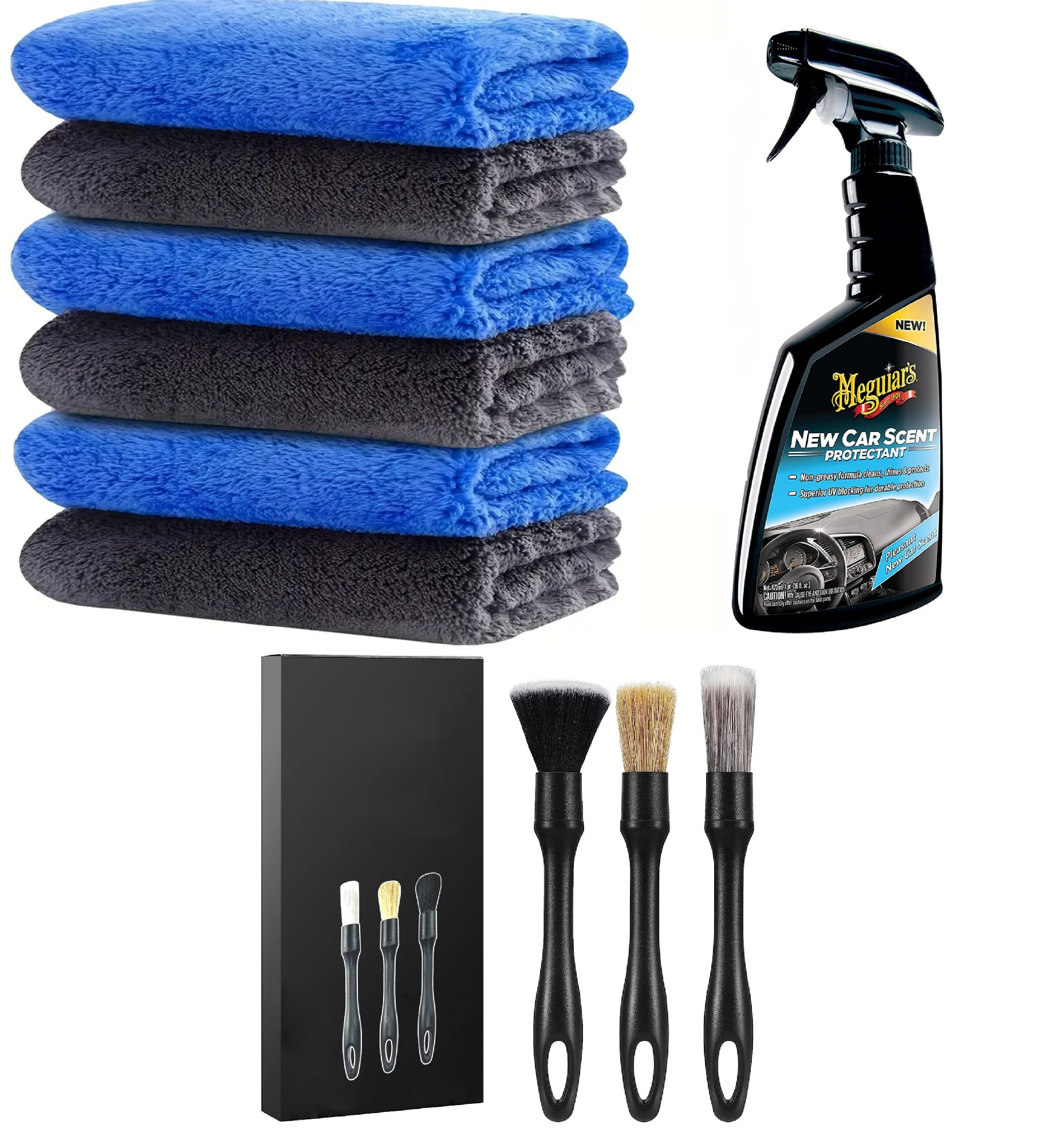 Set 6 Lavete 3 Gri 3 Albastre Din Microfibra Premium 380 GSM 40X40 cm+ Set 3 Pensule Profesionale Pentru  Detailng + Solutie Detailing Rapid Meguiar's Quik Interior Detailer, 473ml