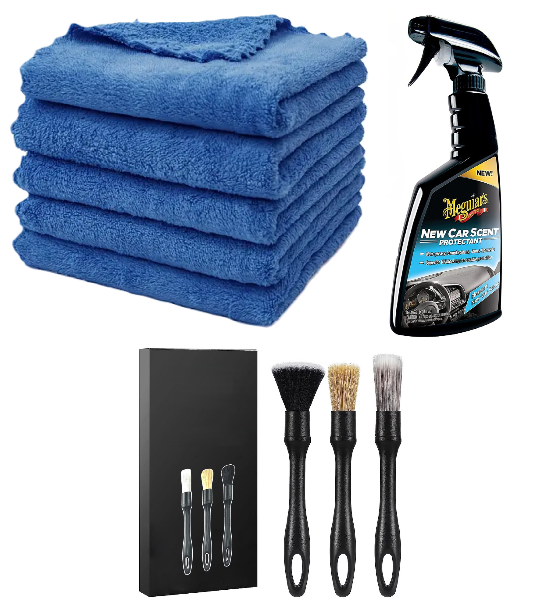 Set 5 Lavete Albastre Din Microfibra Premium 380 GSM 40X40 cm+ Set 3 Pensule Profesionale Pentru  Detailng + Solutie Detailing Rapid Meguiar's Quik Interior Detailer, 473ml