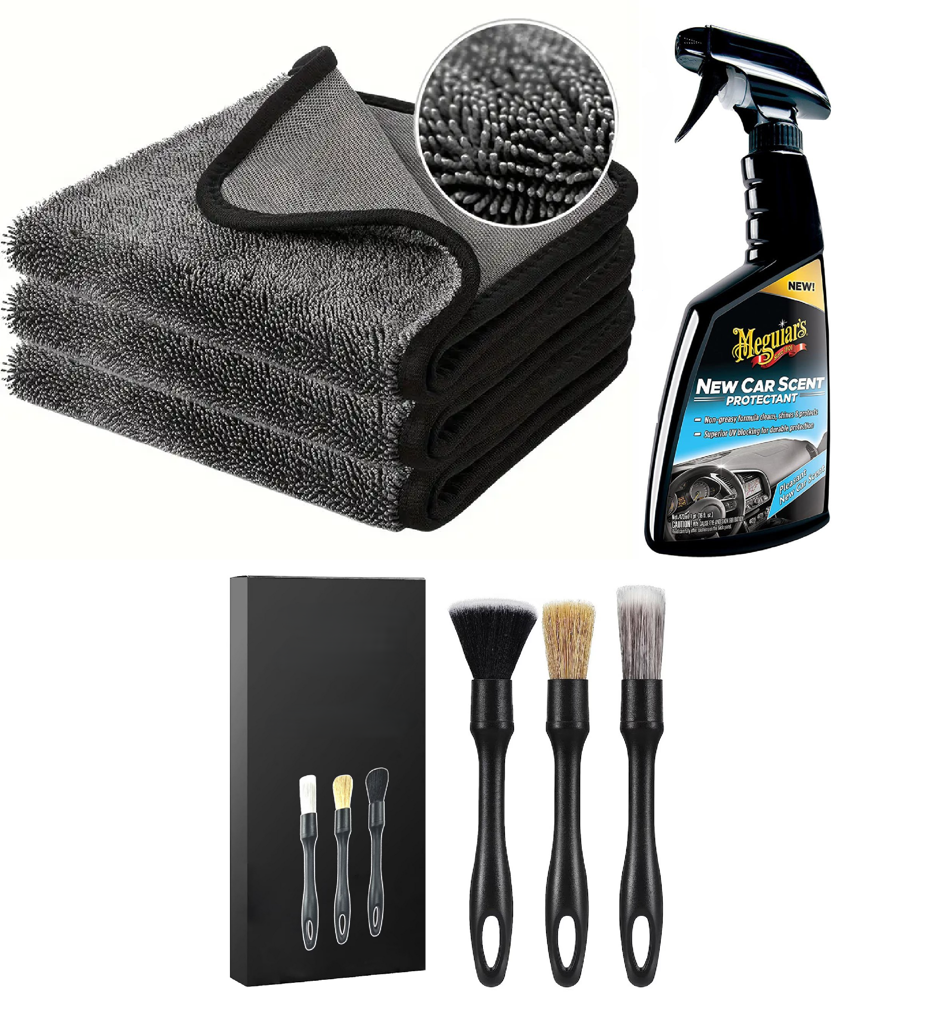 Set 3 Lavete Gri Din Microfibra Twisted Loop 700 GSM 40X40 cm+ Set 3 Pensule Profesionale Pentru  Detailng + Solutie Detailing Rapid Meguiar's Quik Interior Detailer, 473ml