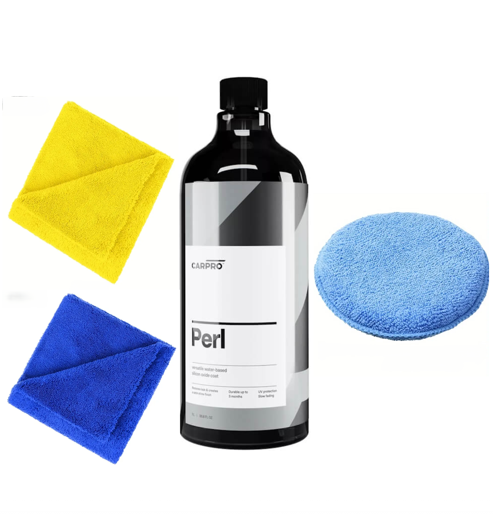 Dressing Concentrat Plastic Si Anvelope CarPro Perl 500 ml + Doua Lavete Microfibra 380 GSM + Burete Aplicator Microfibra