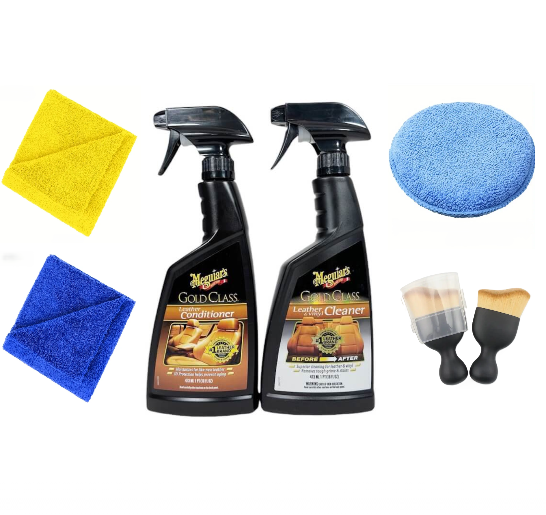 Set curatare si intretinere piele Meguiar's + Doua Lavete Micrrofibra 380 GSM 40X40 cm + Burete Aplicator + Pensula Nanofibre