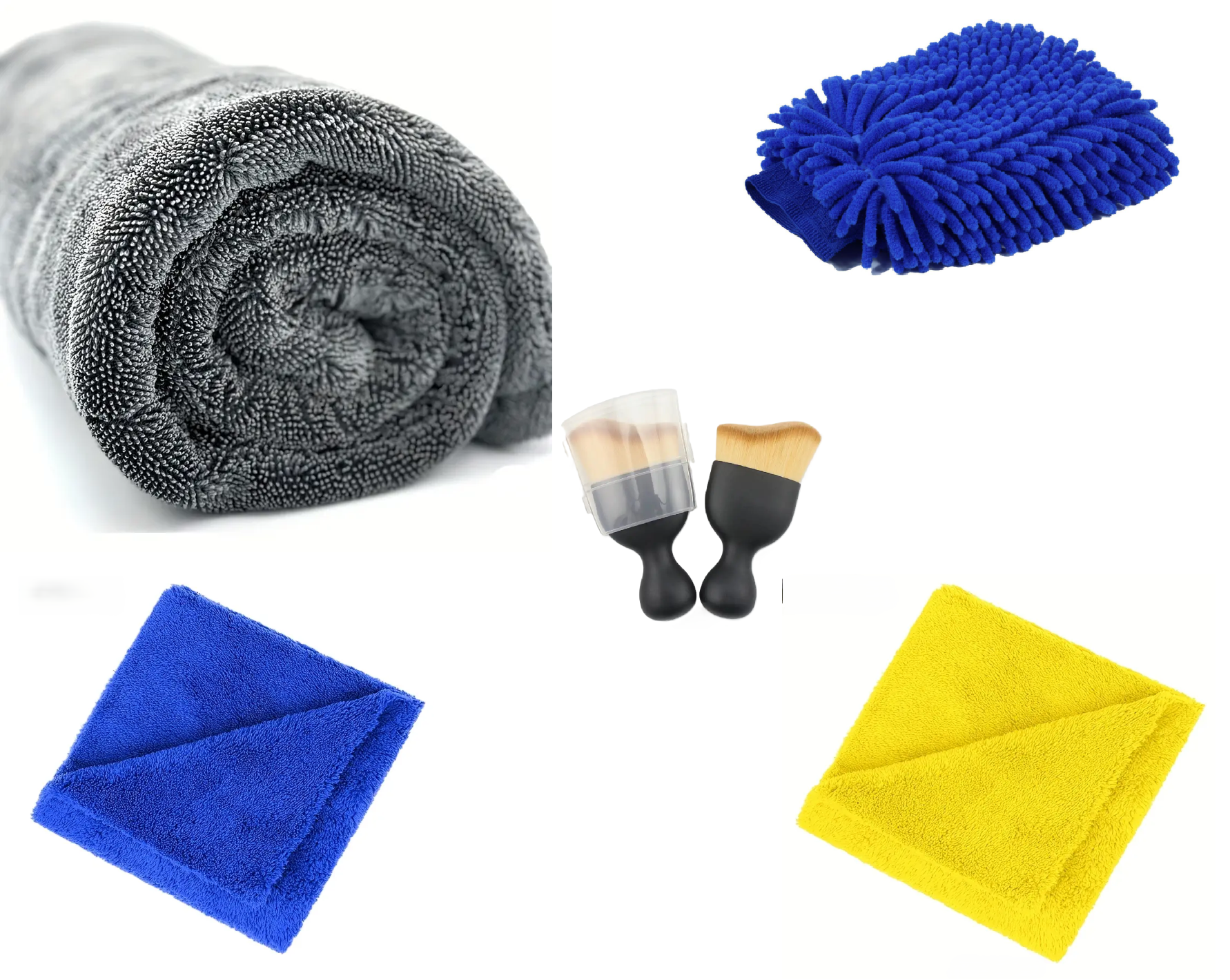 Prosop Uscare Auto Din Microfibra Premium Twisted Loop, Gri, 90x60 cm, 1200 GSM + Manusa Spalare Auto Din Chenille + Doua Lavete Din Microfibra Fara Margini Cusute Galben Si Albastru, 40x40 cm, 380 GSM + Pensula Nanofibre