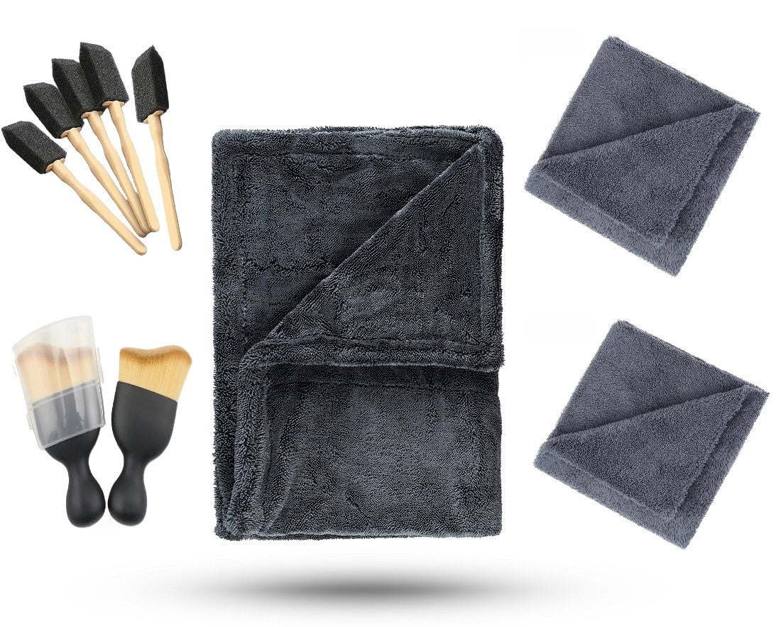 Prosop Microfibra Premium Gri, Grosime 1200 GSM, Dimensiune 90X60 cm, + Doua Lavete Din Microfibra Fara Margini Cusute, Grosime 380 GSM, Dimensiune 40x40 cm + 5 Pensule din Burete + O pensula din Nanofibre