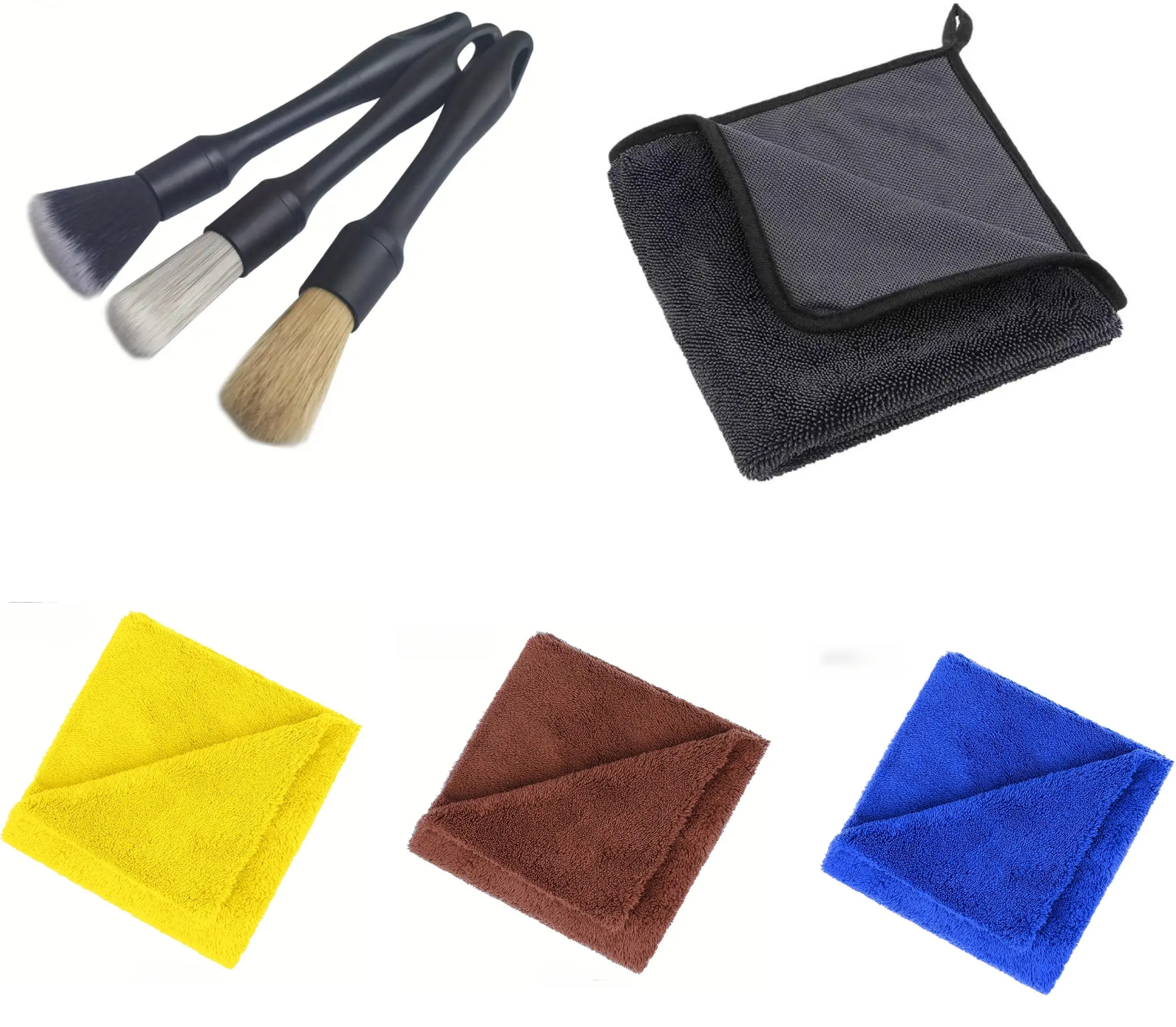 Set De 3 Pensule Profesionale Cu Peri ( Soft, Medium, Hard ) + Prosop Din Microfibra Premium Twisted Loop 60x40 cm, 700 GSM + 3 Lavete Profesionale Din Microfibra, Culori, Galben, Maro, Albastru, Fara Cusaturi Pe Margini, 40x40 cm, 380 GSM