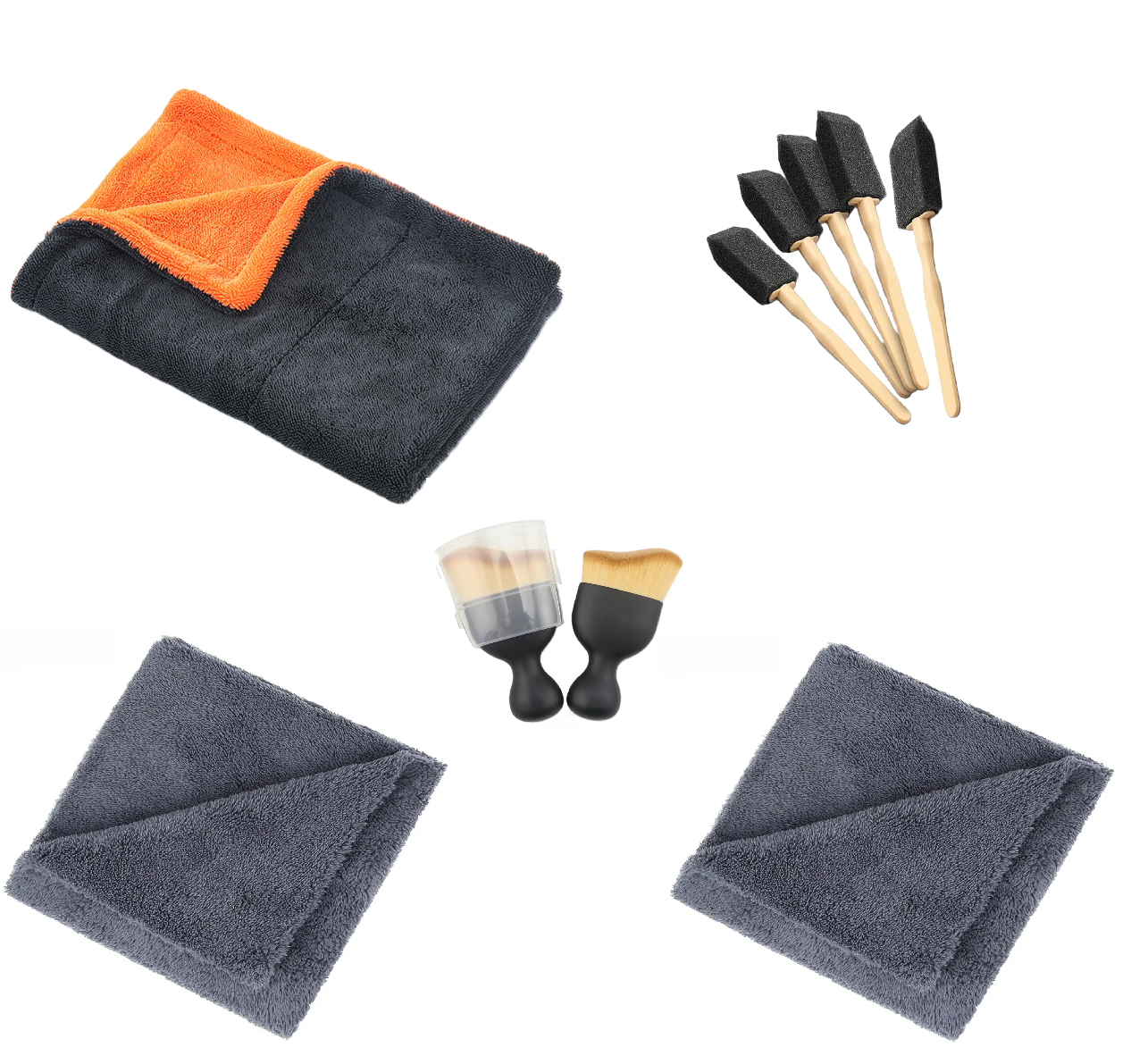 Prosop Microfibra Premium Portocaliu/Gri, Grosime 1200 GSM, Dimensiune 90X60 cm, + Doua Lavete Din Microfibra Fara Margini Cusute, Grosime 380 GSM, Dimensiune 40x40 cm + 5 Pensule din Burete + O pensula din Nanofibre