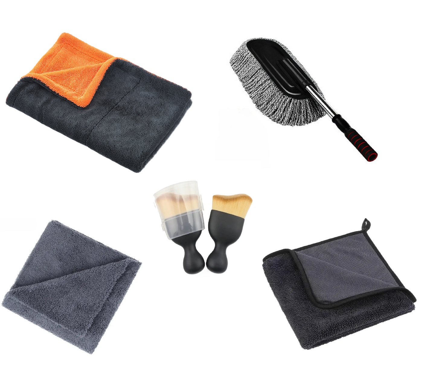 Prosop Uscare Auto Microfibra Premium Twisted Loop Portocaliu/Gri, 90X60 cm, 1200 GSM + Prosp Microfibra Twisted Loop, 60x40 cm, 700 GSM, + Perie Microfibra Cu Maner Telscopic + Laveta Microfibra Fara Margini Cusute, 40x40 cm, 380 GSM + Pensula Nanofibre