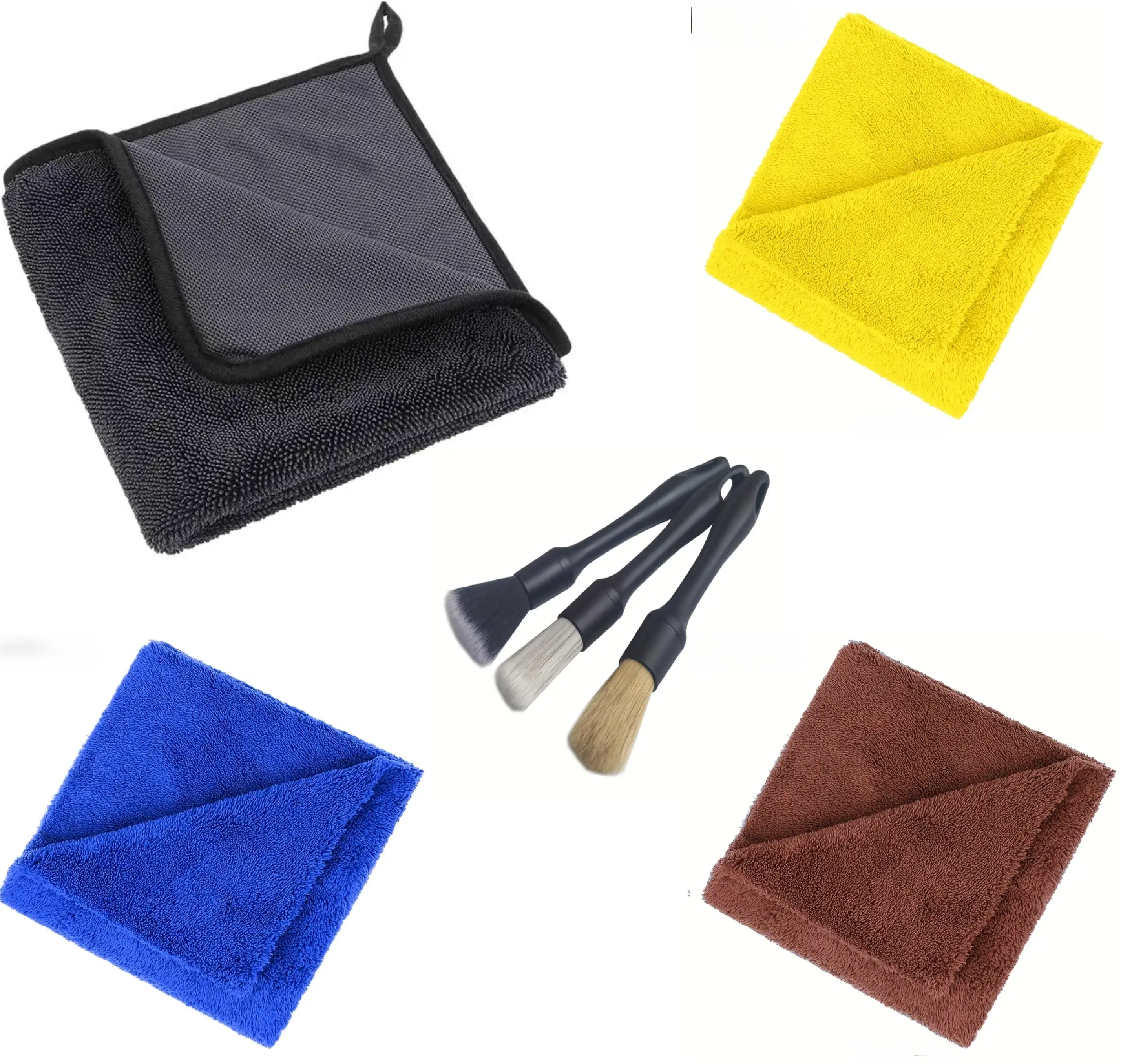 Prosop Uscare Auto Microfibra Premium Twisted Loop, 90x60 cm 600 GSM + Set De 3 Pensule Profesionale Cu Peri ( Soft, Medium, Hard ) + 3 Lavete Profesionale Din Microfibra, Culori, Galben, Maro, Albastru, Fara Cusaturi Pe Margini, 40x40 cm, 380 GSM