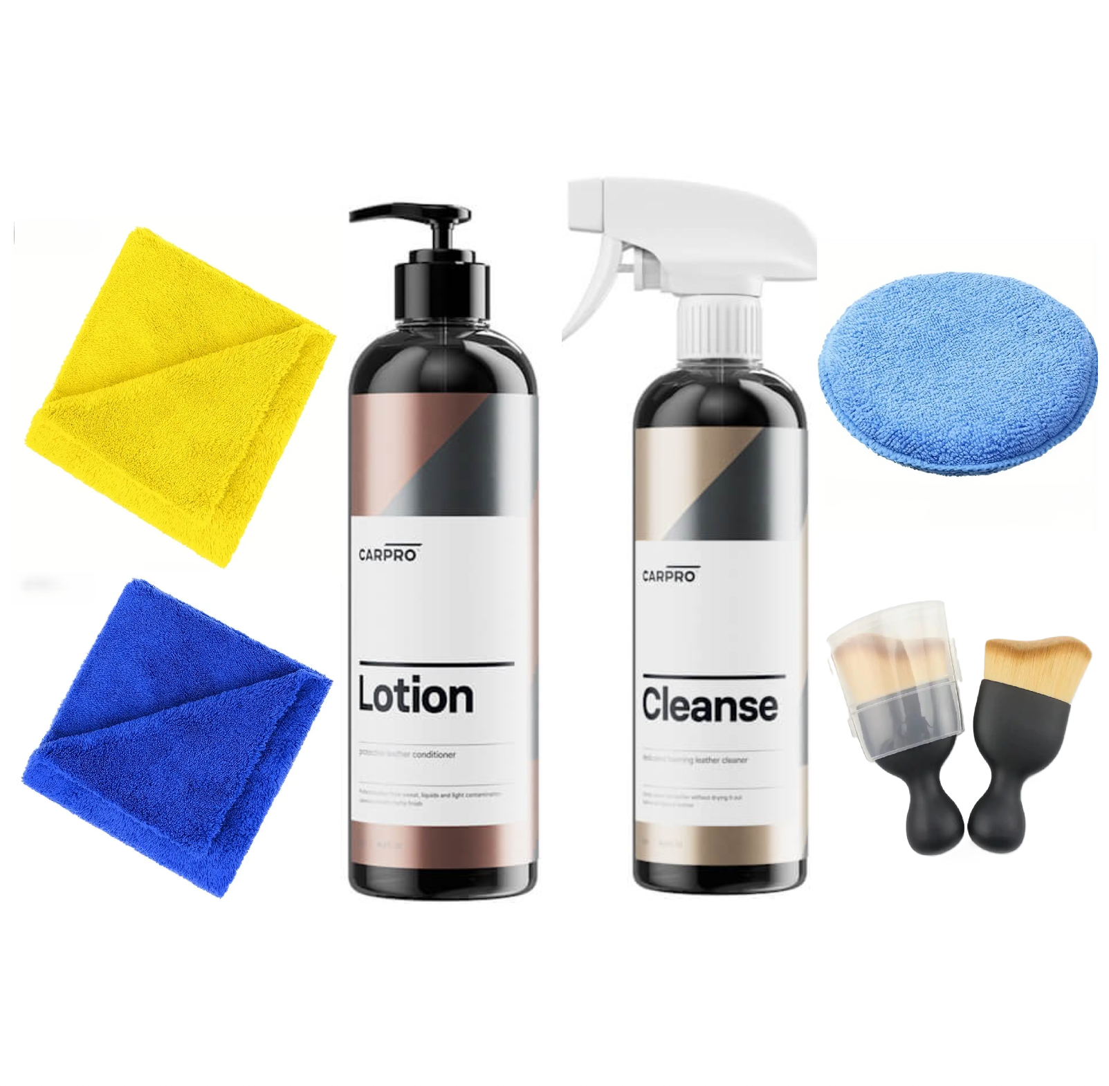 Solutie Curatare Piele CarPro Cleanse 500 ml & Solutie Hidratare Piele CarPro Lotion, Protective Leather Conditioner, 500ml + Doua Lavete Microfibra 380 GSM + Burete Aplicator + Pensula Nanofibre