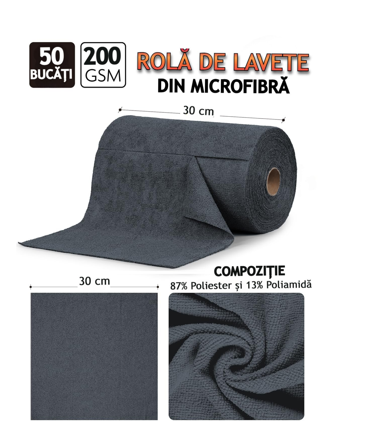 Rola Cu 50 Lavete Din Microfibra 200 GSM 30x30 cm