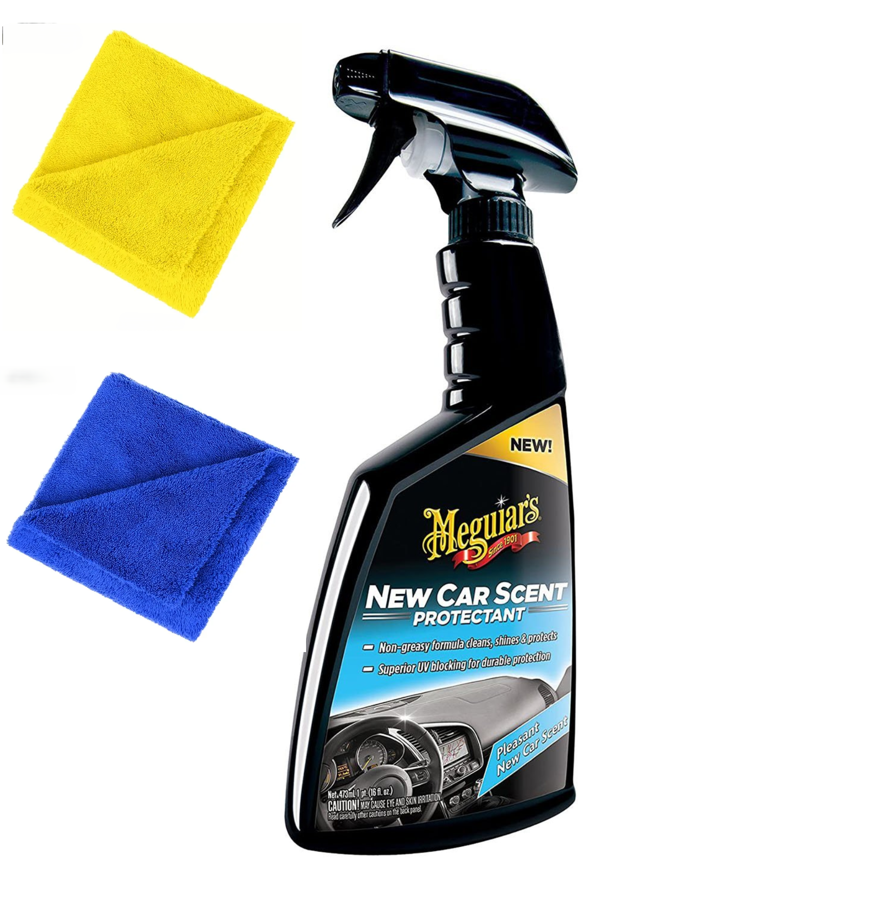 Dressing plastic Meguiar's New Car Scent Protectant, 473ml + Doua Lavete Microfibra Premium 380 GSM, Dimensiune 40X40 cm