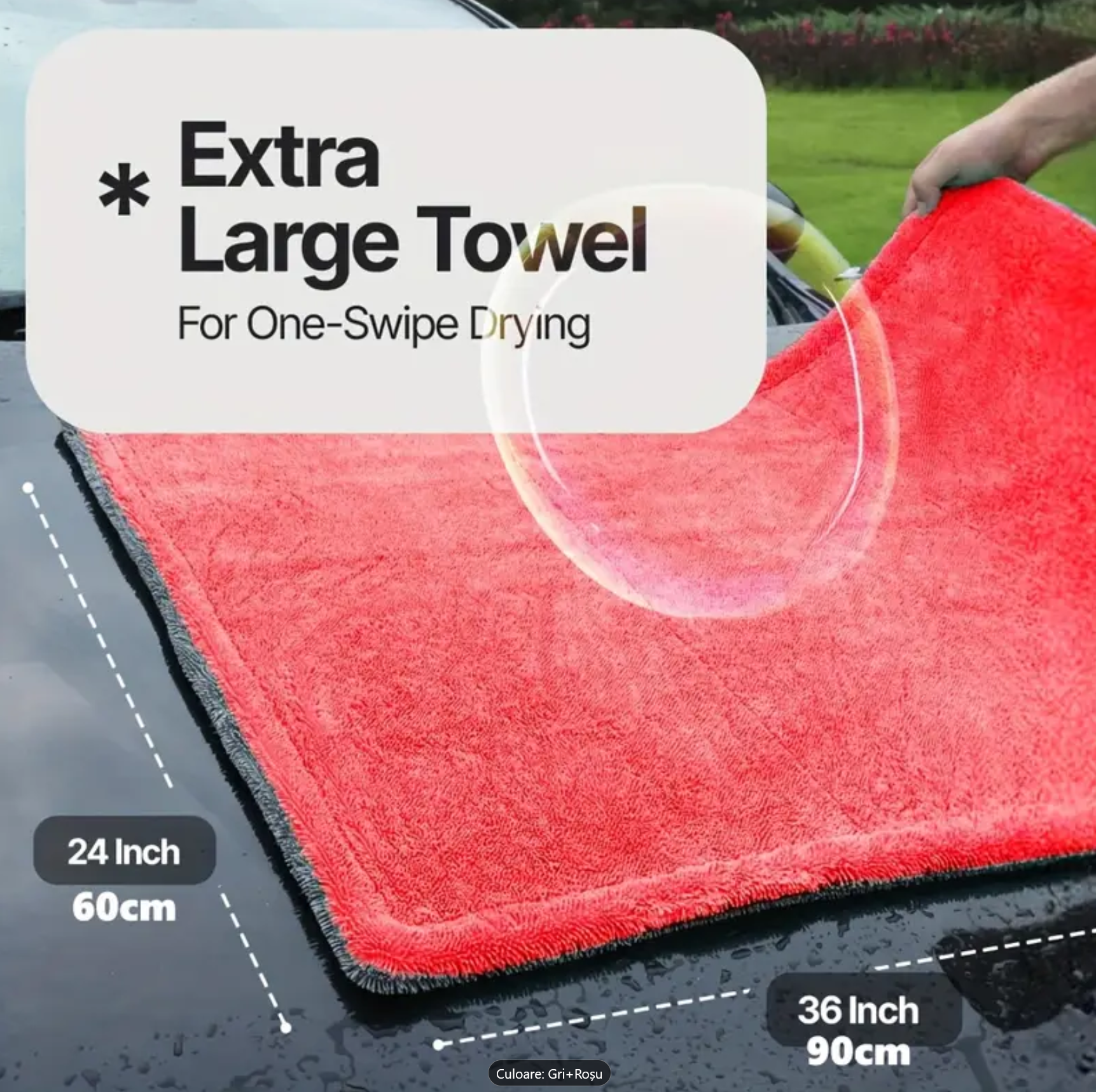 Prosop Uscare Auto Din Microfibra Premium Twisted Loop Rosu/Gri, 90X60 cm, 1200 GSM + Prosp Microfibra Twisted Loop, 60x40 cm, 700 GSM, + Perie Microfibra Cu Maner Telscopic + Laveta Microfibra Fara Margini Cusute, 40x40 cm, 380 GSM + Pensula Nanofibre