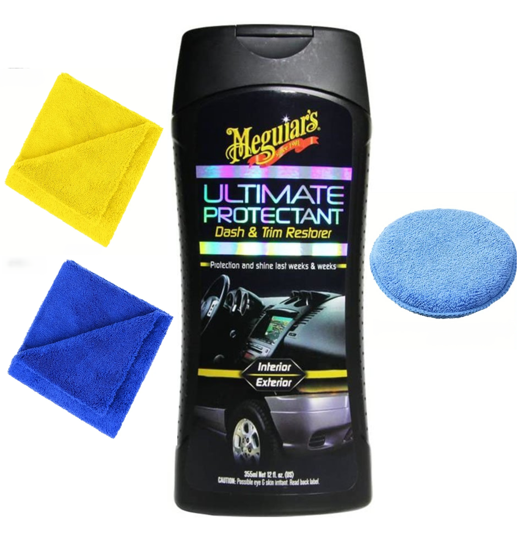 Dressing Plastic Interior Si exterior Meguiar's Ultimate Protectant Dash And Trim Restorer, 355ml + Doua Lavete Microfibra 380 GSM 40X40 cm + Burete Aplicator