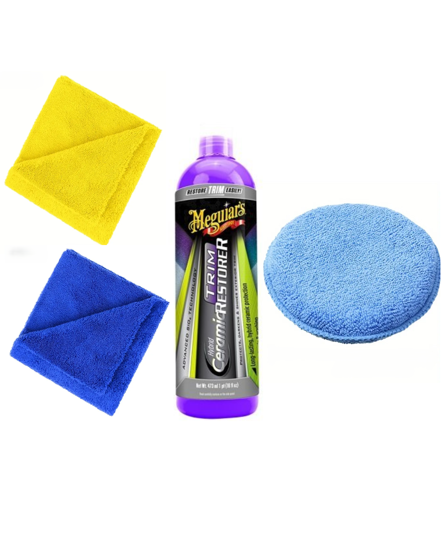 Dressing Plastice Exterioare MEGUIAR'S Hybrid Ceramic Trim Restorer 473ml + Doua Lavete Microfibra 380 GSM + Burete Aplicator