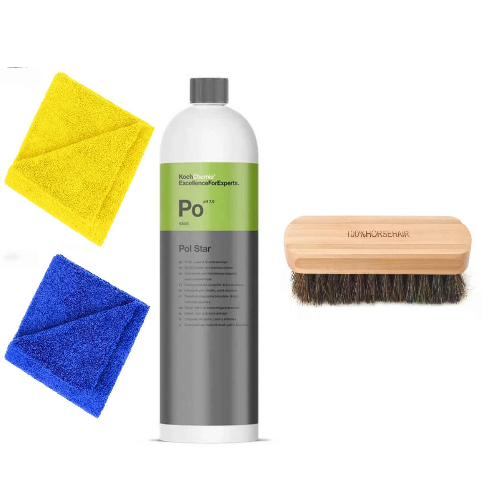 Solutie Curatare Textile, Piele Si Alcantara Koch Chemie Pol Star, Po 1000 ML + Doua Lavete Microfibra 380 GSM +  Perie Cu Peri Naturali