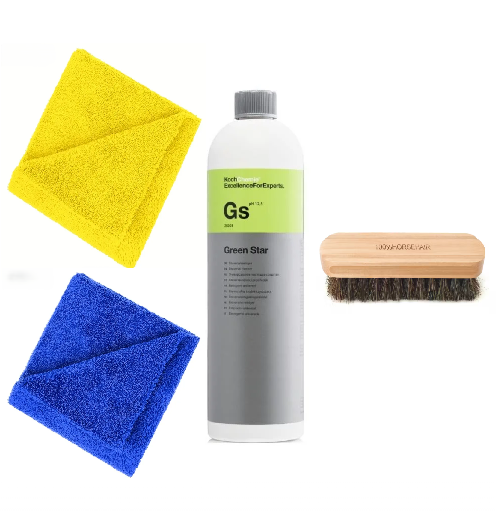 Solutie Curatare Universala Koch Chemie Green Star, Gs 1000 ML + Doua Lavete Microfibra 380 GSM 40X40 cm + Perie Cu Peri Naturali