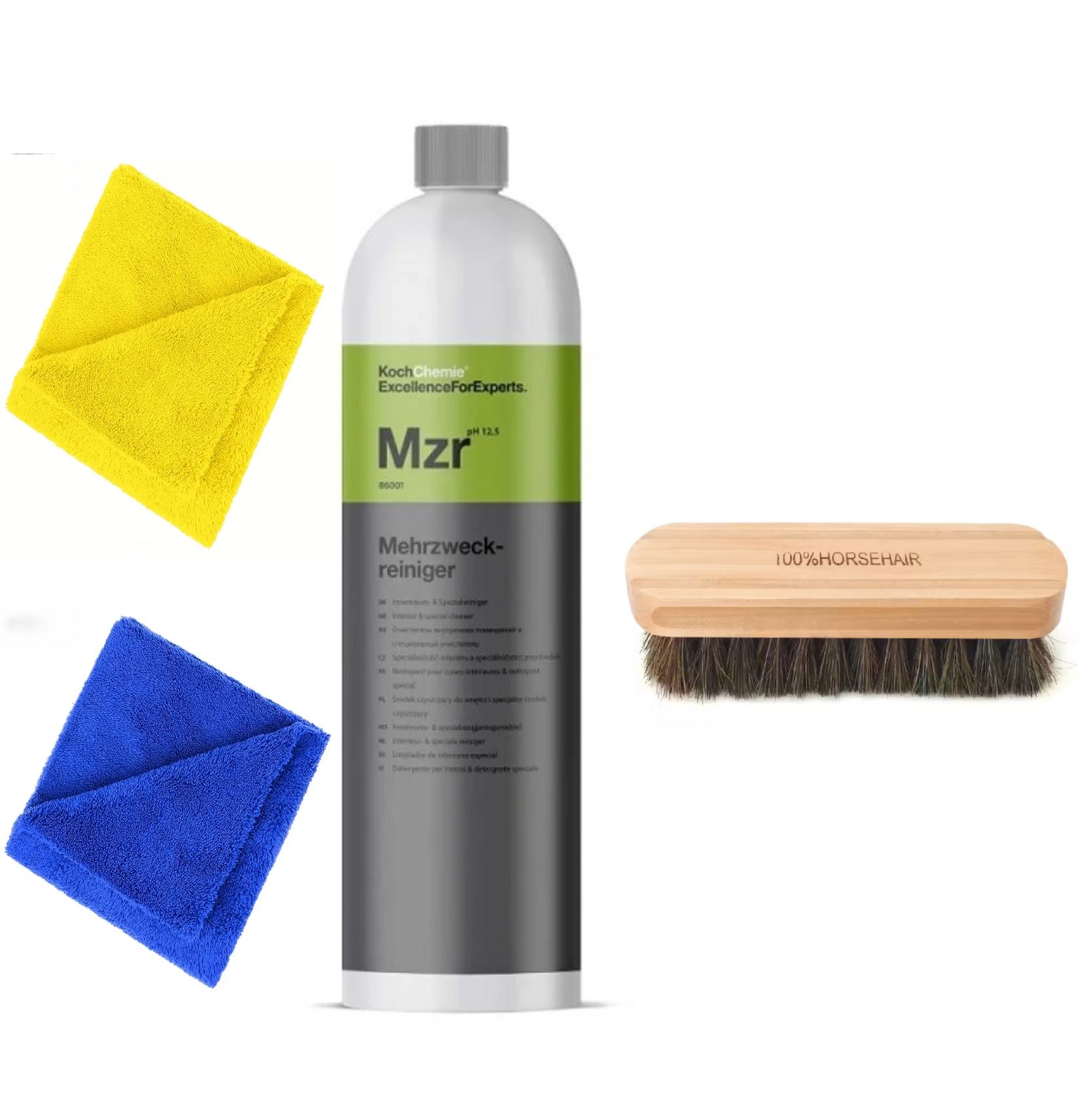 Solutie Curatare Generala Koch Chemie Mehrzweckreiniger, Mzr 1000 ml + Doua Lavete Microfibra 380 GSM 40X40 cm + Perie Cu Peri Naturali